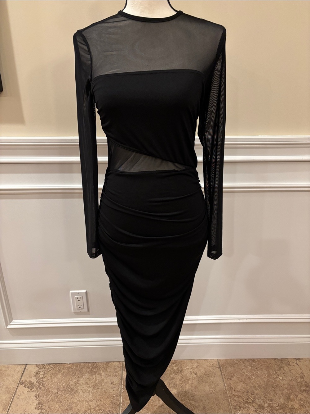 Sheer Panel Long Sleeve Black Bodycon Dress